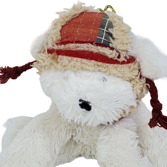 Hugfun Dog Plush 5.5" White Winter Hat Scarf Stuffed Animal Toy Plaid Puppy Gift - Picture 2 of 4